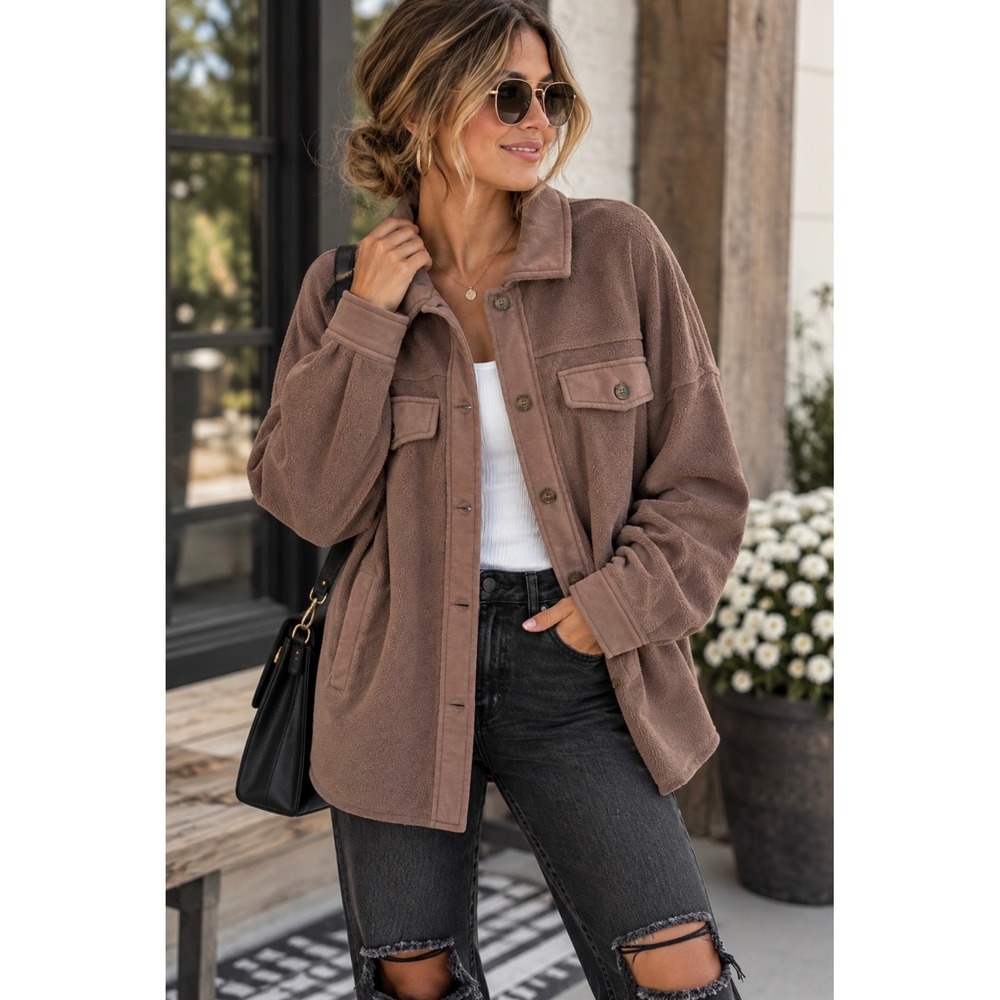 Grey Bandit Brown Fleece Shacket Jacket Button Front Oversized Women's Small